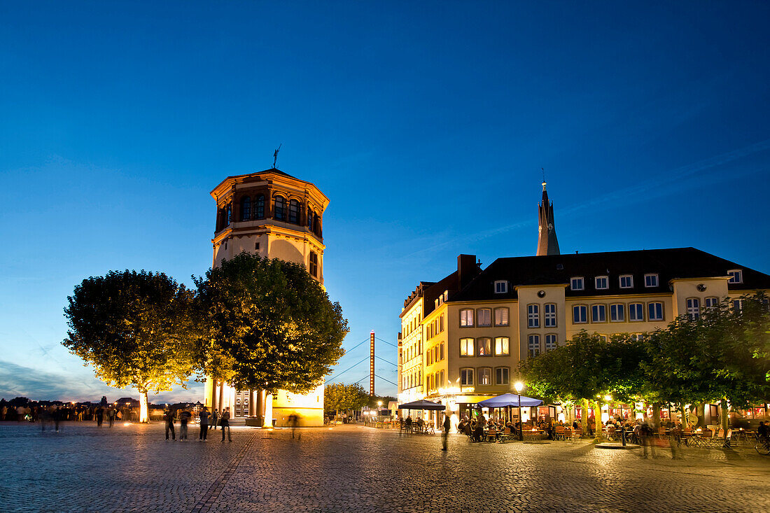 Illuminated Schlossturm in the evening, Old town, Düsseldorf, Duesseldorf, North Rhine-Westphalia, Germany, Europe