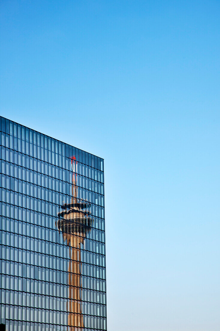 Reflection of television tower on glass facade, Media Harbour, Düsseldorf, Duesseldorf, North Rhine-Westphalia, Germany, Europe