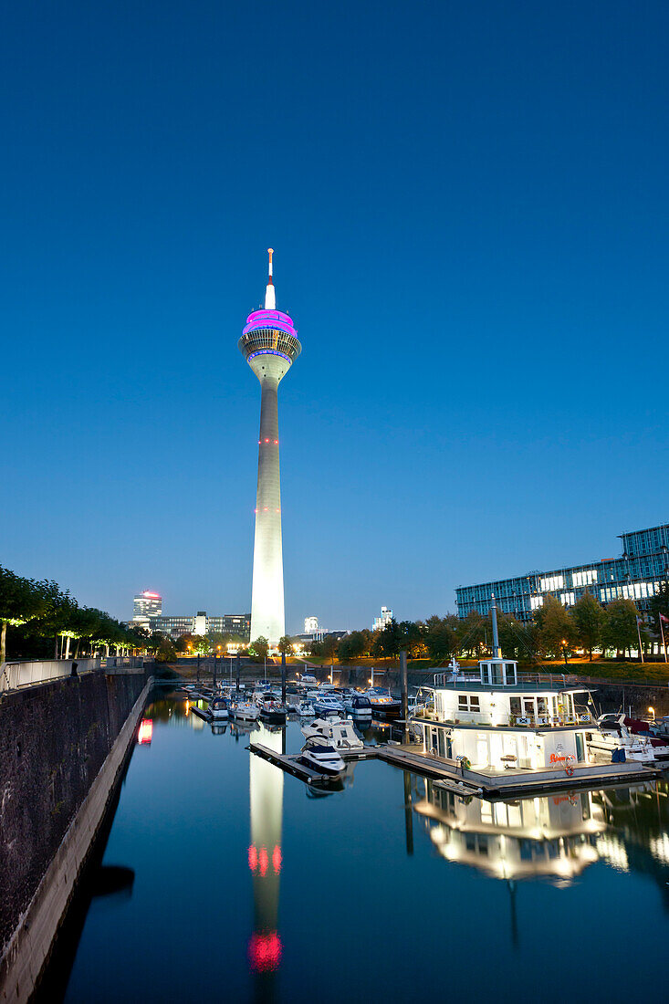 Television tower and Media Harbour at night, Düsseldorf, Duesseldorf, North Rhine-Westphalia, Germany, Europe