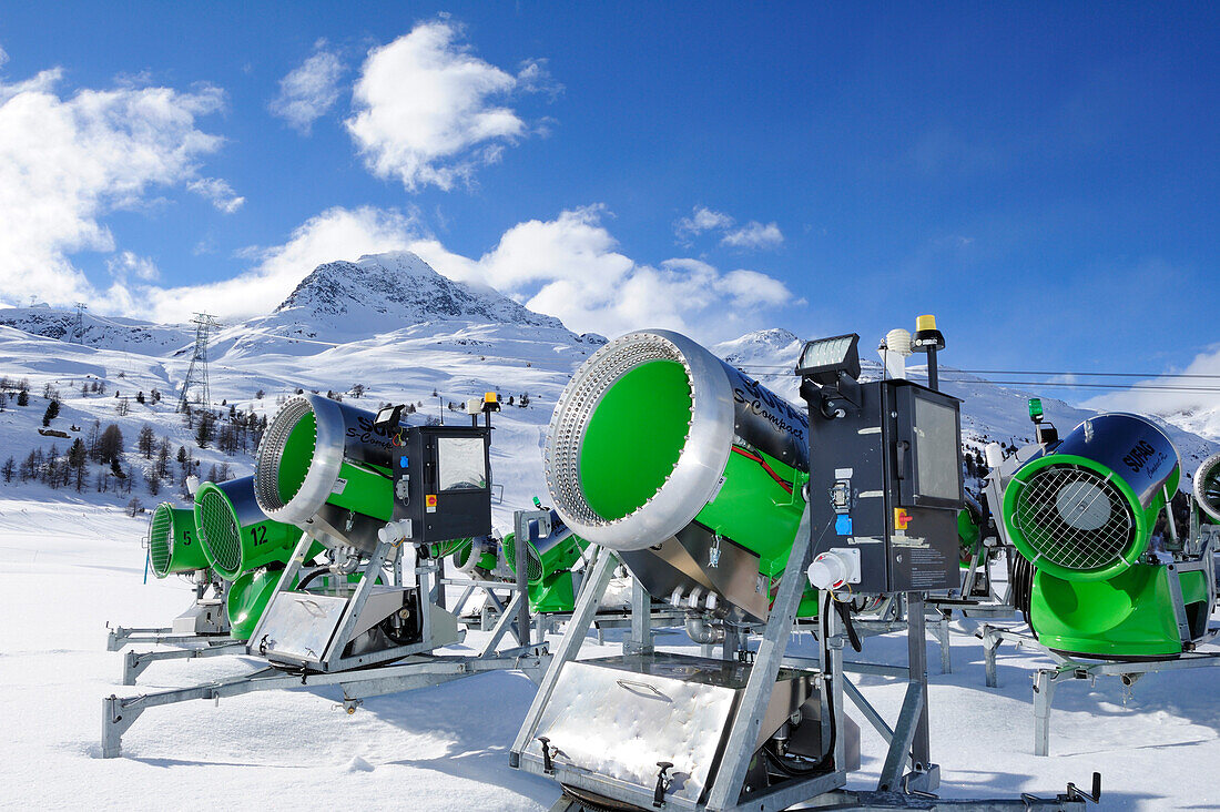 Snowguns in winter landscape, Diavolezza cablecar, Berninapass, Bernina range, Upper Engadin, Engadin, Grisons, Switzerland, Europe