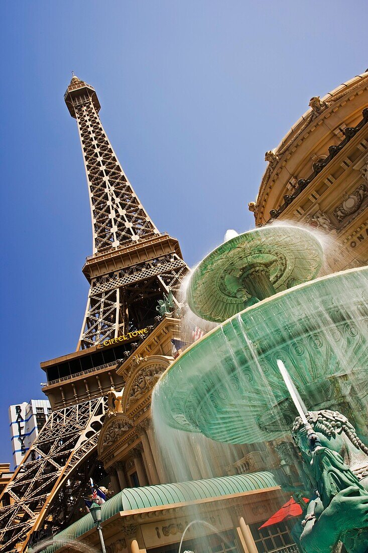 The famous Las Vegas strip with the Paris Hotel and Casino along Las Vegas Boulevard in Nevada