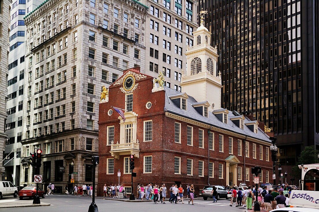 Old State House, the oldest surviving public building in Boston, was built in 1713 to house the government offices of the Massachusetts Bay Colony Boston MA on State Street at the site of the Boston Massacre