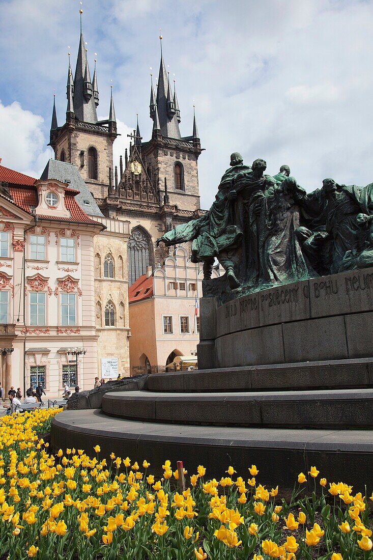 Jan Hus statue and Tyn Church Týnský chrám Old Town Square, Prague Czech Republic
