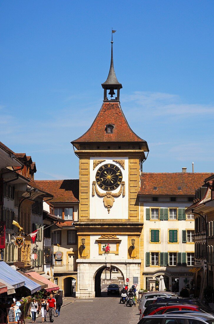 Tonw centre and medieval town gate Berntor, Tower of Berne, of the rampart surrounding the old town, Murten, Morat, Switzerland