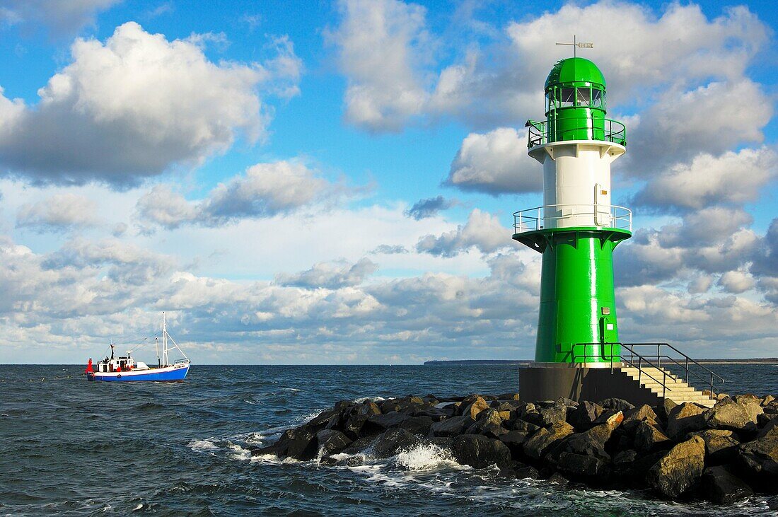 Green-white lighthouse on the mole of Warnemuende, Rostock-Warnemuende, Mecklenburg-Western Pomerania, Germany