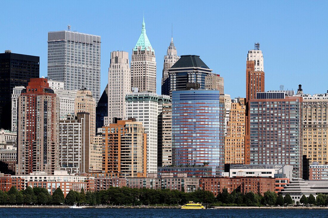 Lower Manhattan as viewed from liberty State Park, Jersey City, New Jersey, USA The Woolworth Building with its green top is prominent in the photograph