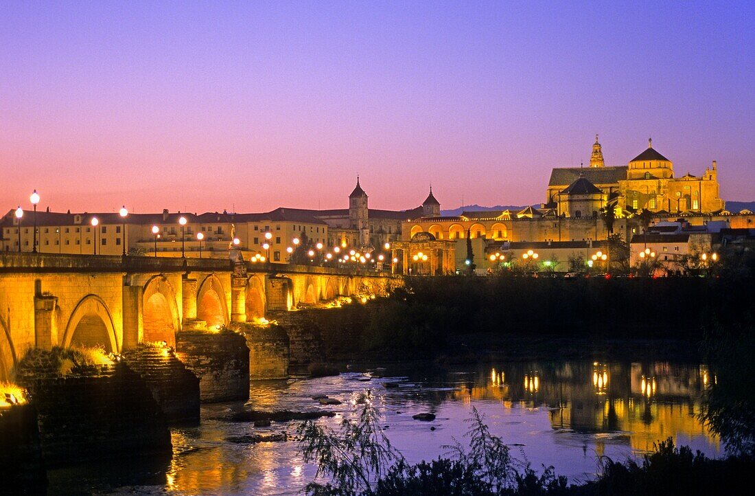 Cordoba Andalusia Spain: Mosque Cathedral and Roman Bridge, as seen from Guadalquivir river