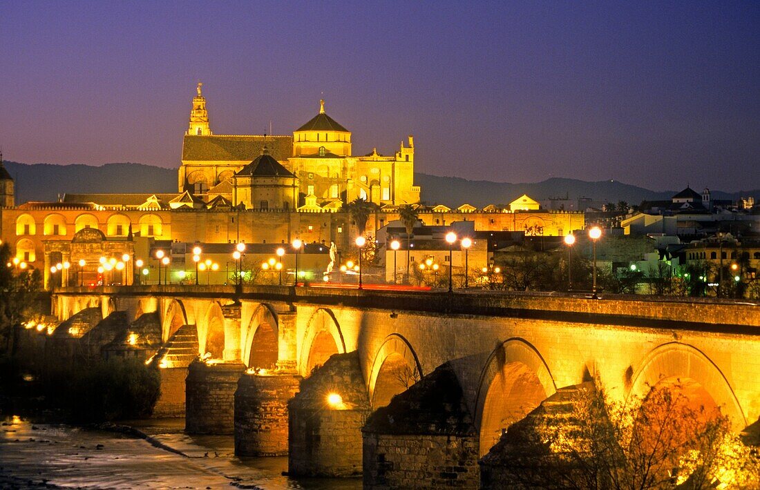 Cordoba Andalusia Spain:Mosque Cathedral and Roman Bridge, as seen from Guadalquivir river