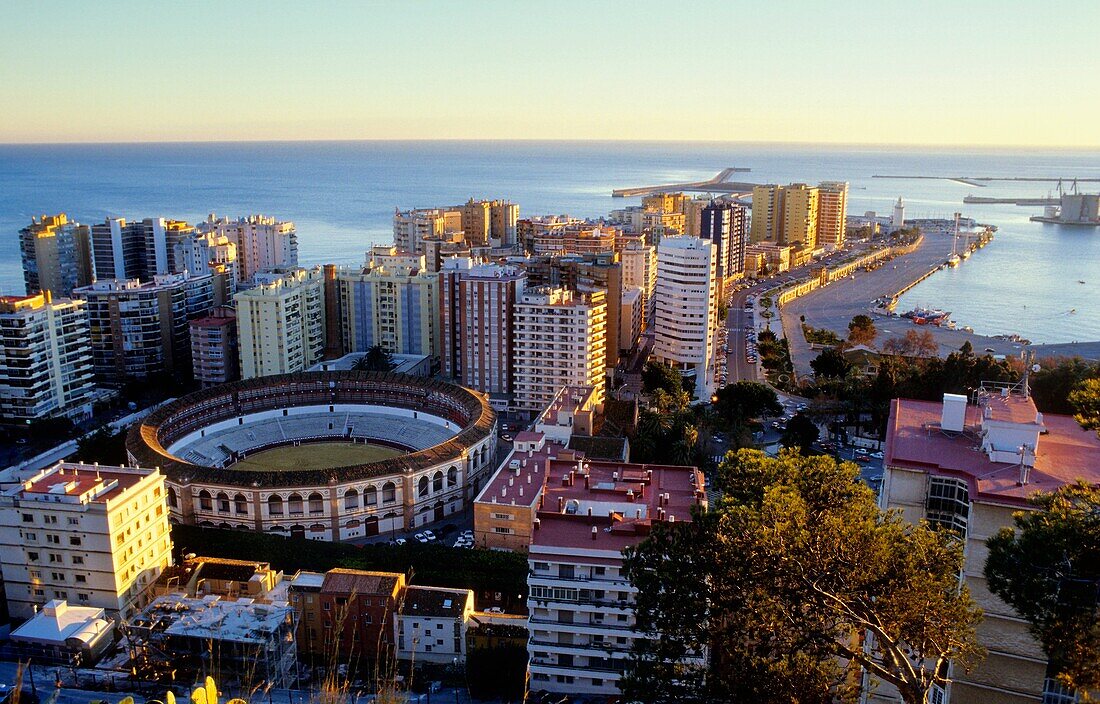 Málaga Andalusia Spain: High angle view of a bullring and Malagueta quarter