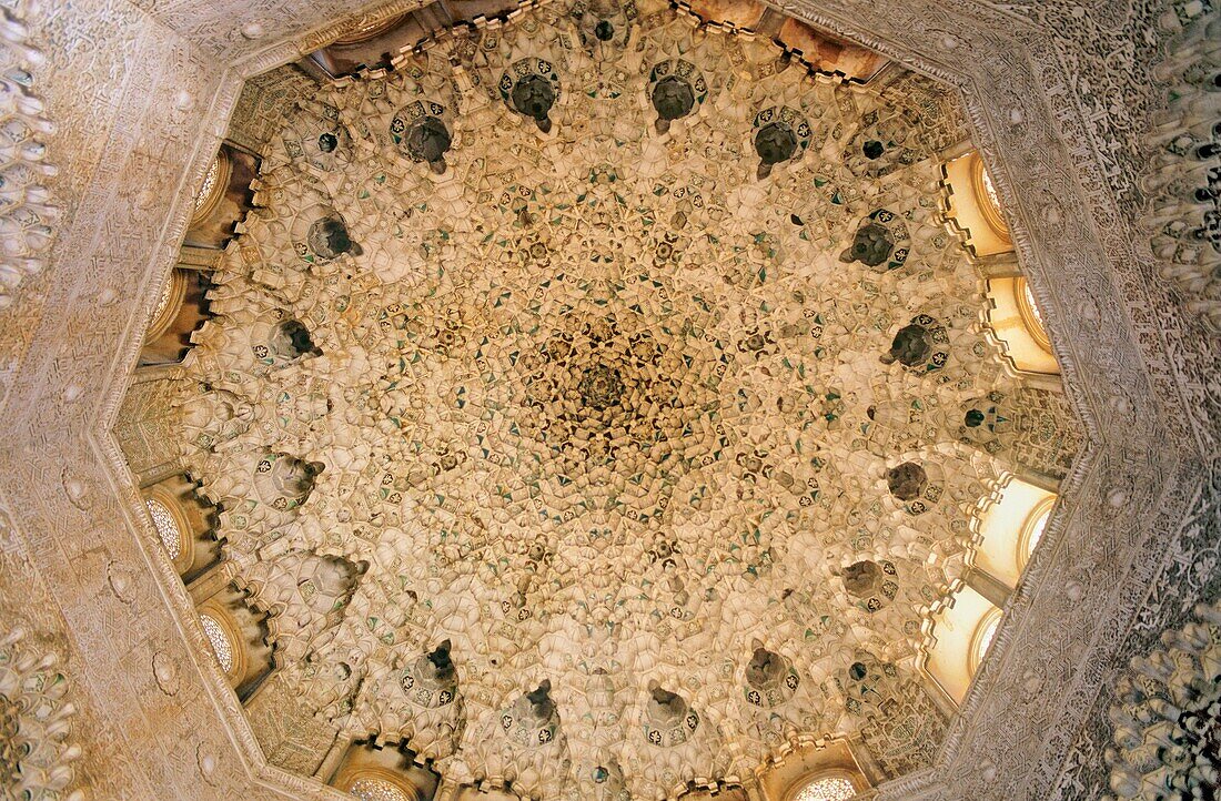 Detail of dome in Sala de Dos Hermanas two sisters room Palace of the Lions Nazaries palaces Alhambra, Granada Andalusia, Spain