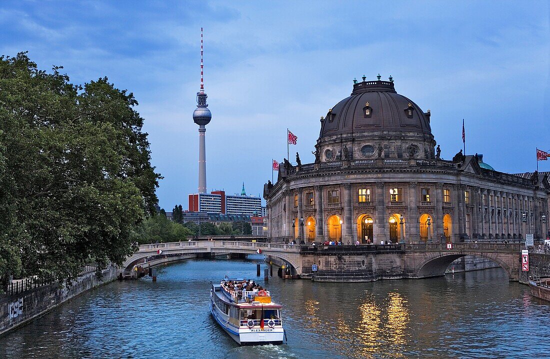 Museum Island Bode-Museum in river Spree with Fernsehturm Berlin Germany