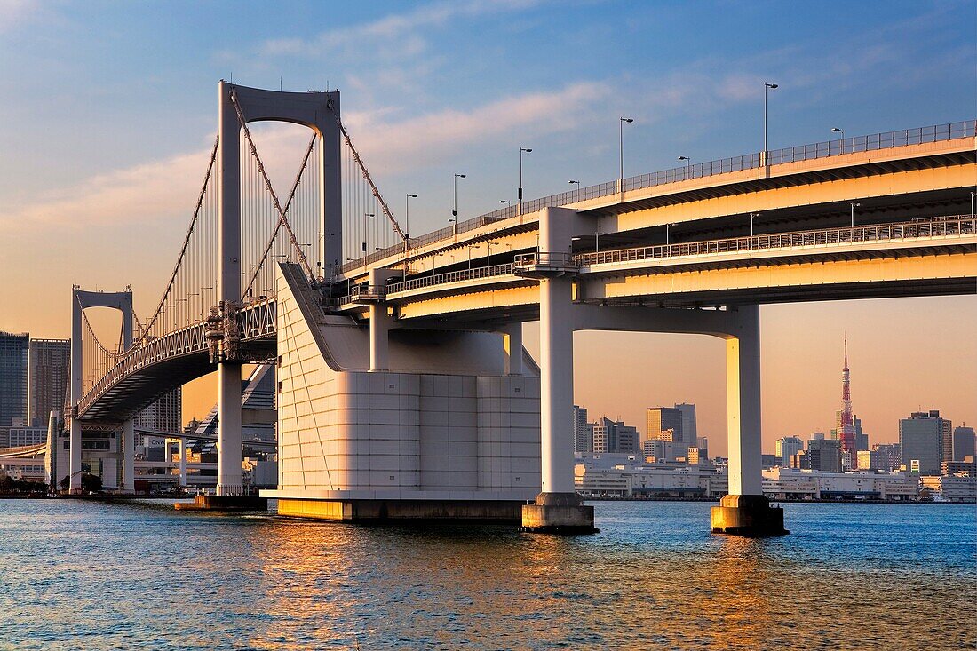 Rainbow Bridge from Odaiba artificial island Tokyo city, Japan, Asia