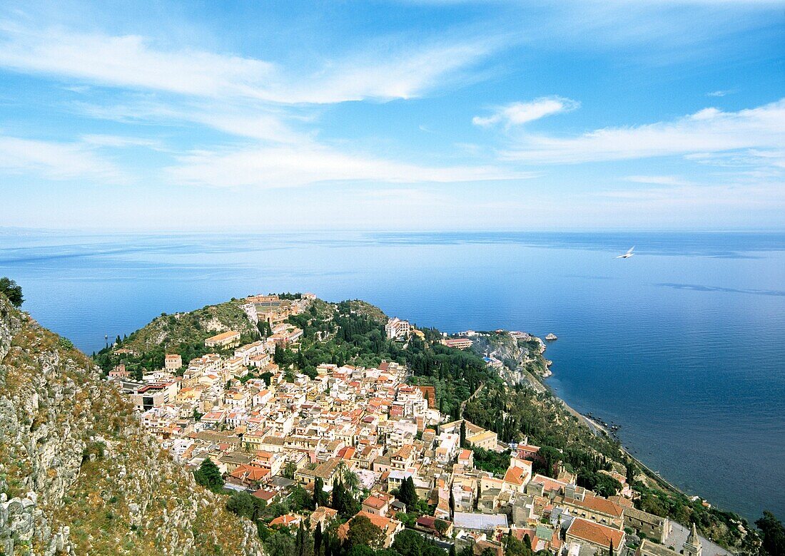 Taormina, Sicily Looking over the ancient town of Taormina to the Greek theatre Italy