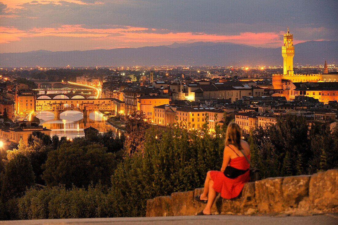 Florence, Tuscany, Italy Classic view of the Ponte Vecchio and the River Arno from the Piazzale Michelangelo Summer evening