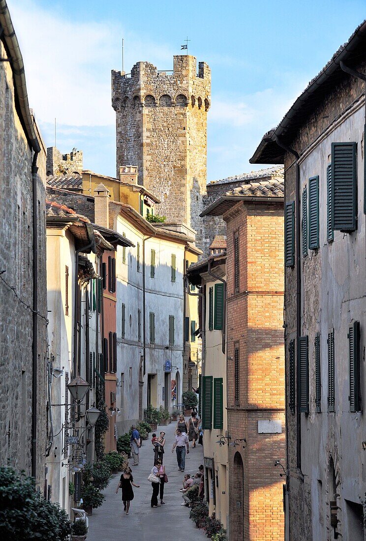 Montalcino, ancient hill town home of Brunello di Montalcino wine Tuscany, Italy The fortress tower rises over Via Ricasoli