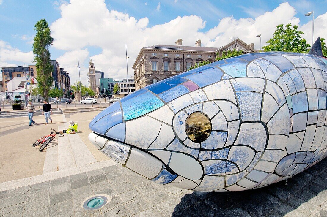 The ‘Big Fish’ sculpture by John Kindness on Donegall Quay, Belfast waterfront, marks the return of salmon to the River Lagan
