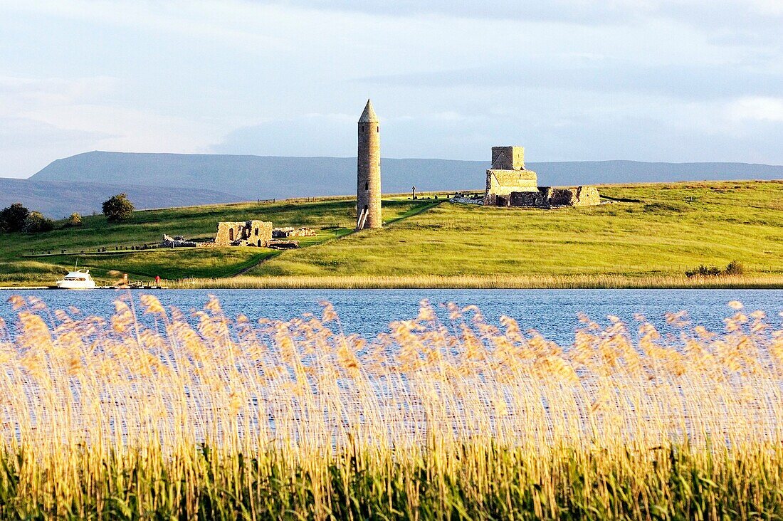Devenish Island round tower and Celtic Christian monastic ruins Lower Lough Erne, near Enniskillen, County Fermanagh, Ireland