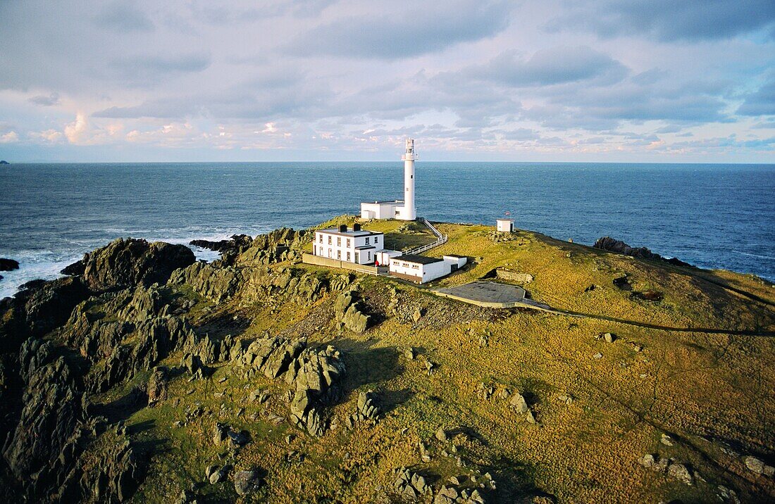 Aerial view of Inishtrahull lighthouse on Inishtrahull Island north of Malin Head, County Donegal, Ireland