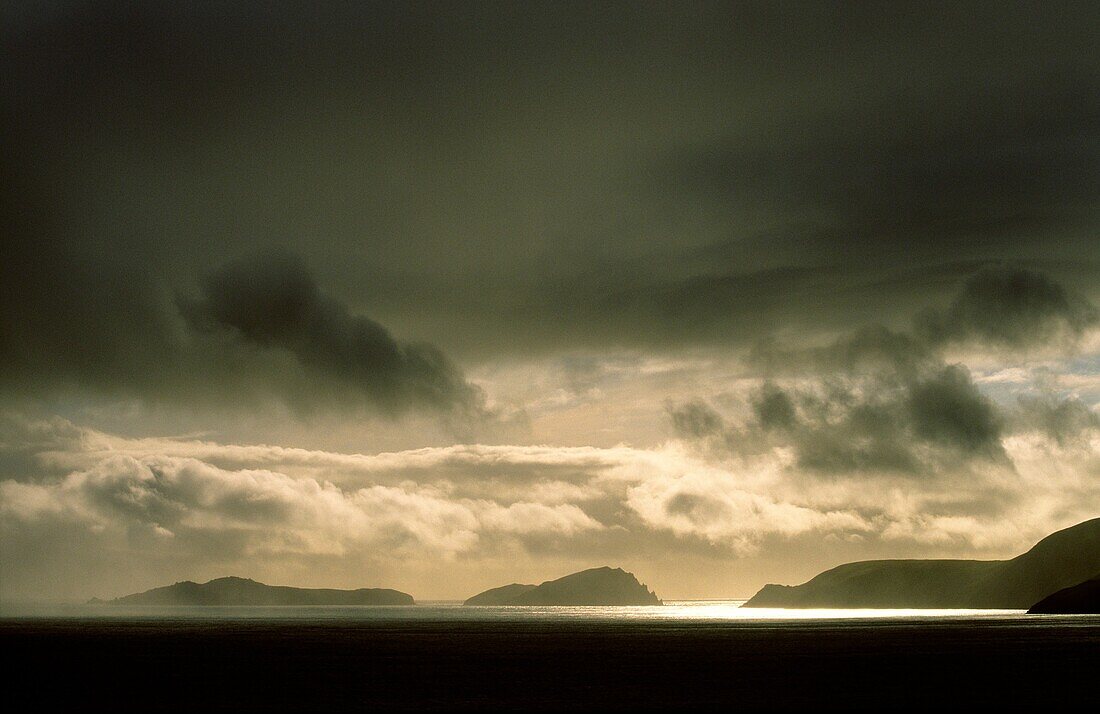 Storm over Blasket Islands from Slea Head, Dingle Peninsula, Co Kerry, Ireland L-R Inishvickillane, Inishabro, Great Blasket