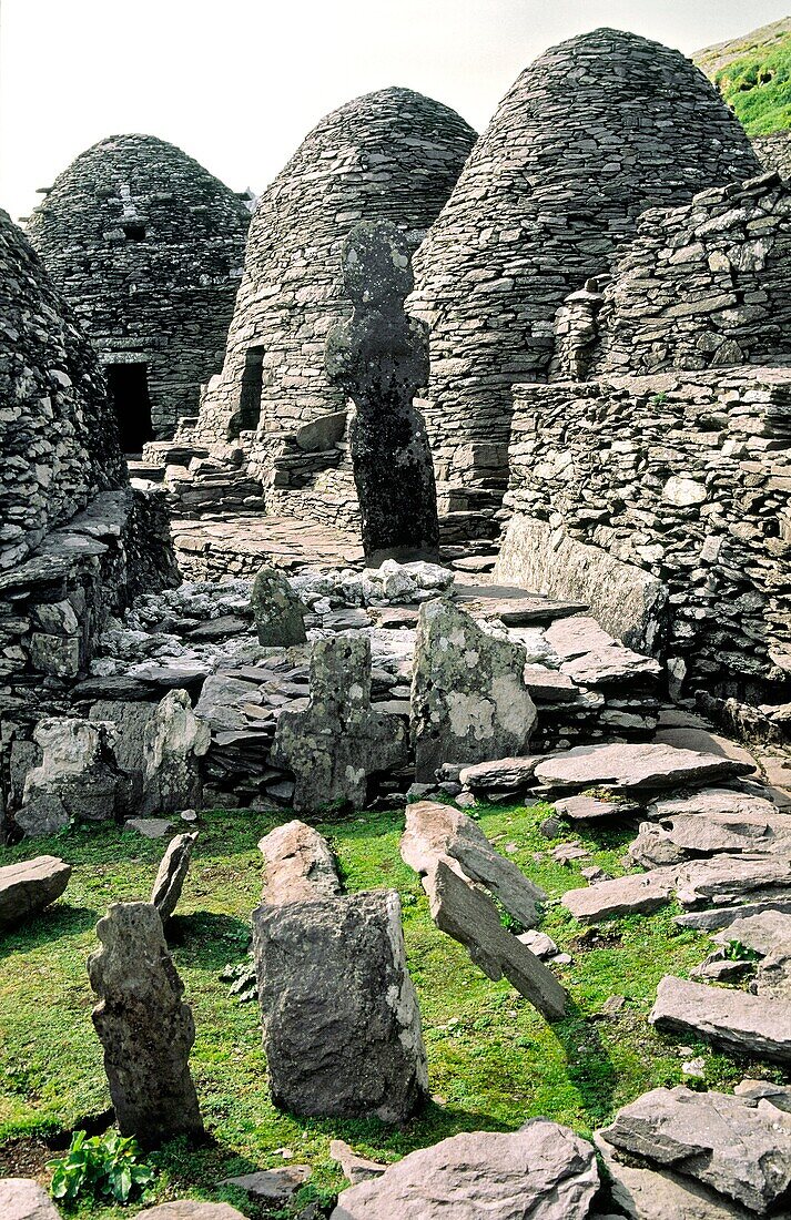 Ancient Celtic monastic settlement at top of island of Skellig Michael, County Kerry, Ireland Stone huts and graveyard crosses