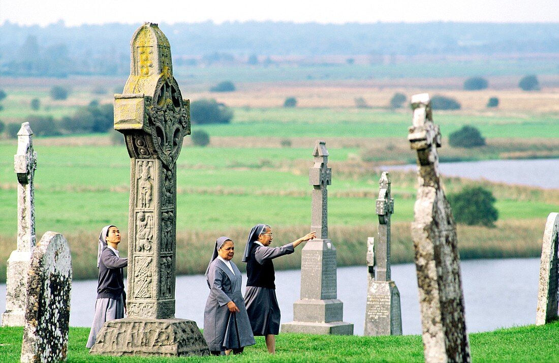 Roman Catholic nuns visit Clonmacnoise Monastery on the River Shannon, County Offaly, Ireland Founded AD 547 by Saint Ciaran