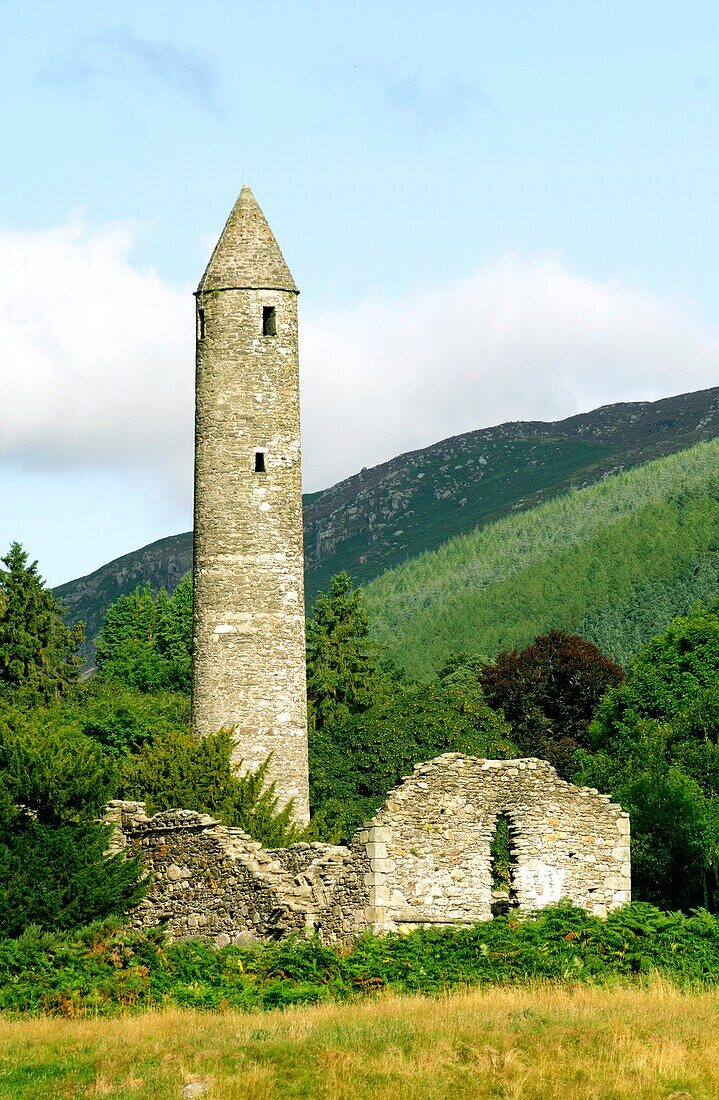 The Round Tower at the medieval Celtic Christian monastic site founded by Saint Kevin at Glendalough, County Wicklow, Ireland