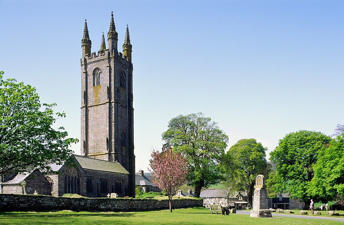 Widecombe village green and church in rural county of Devon in southwest England, UK