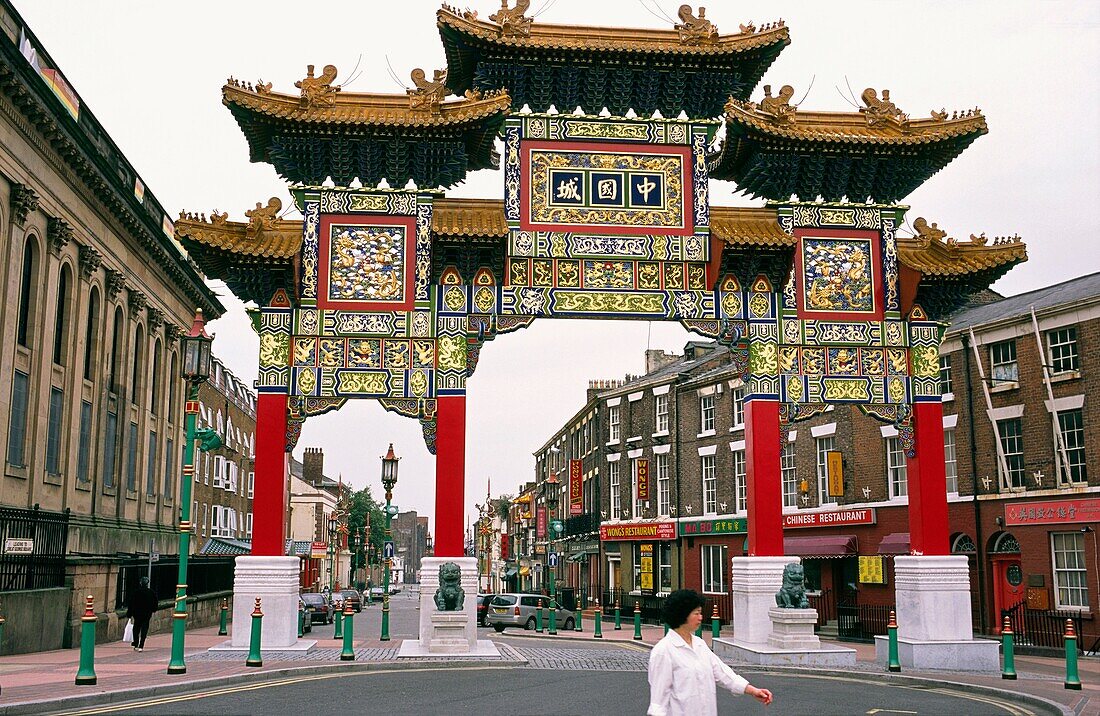 Liverpool, Merseyside, England Traditional Chinese entrance gate to the Chinese Quarter community on Nelson Street