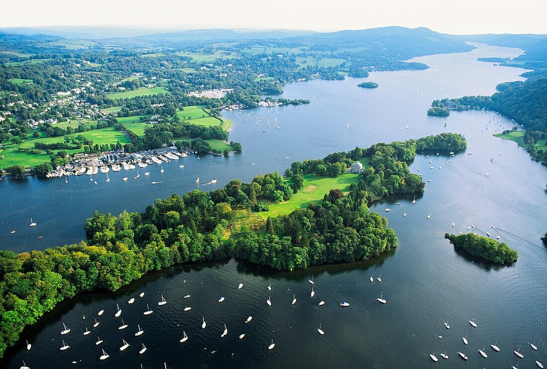 Lake Windermere in the Lake District National Park, Cumbria, England Aerial south over Belle Isle