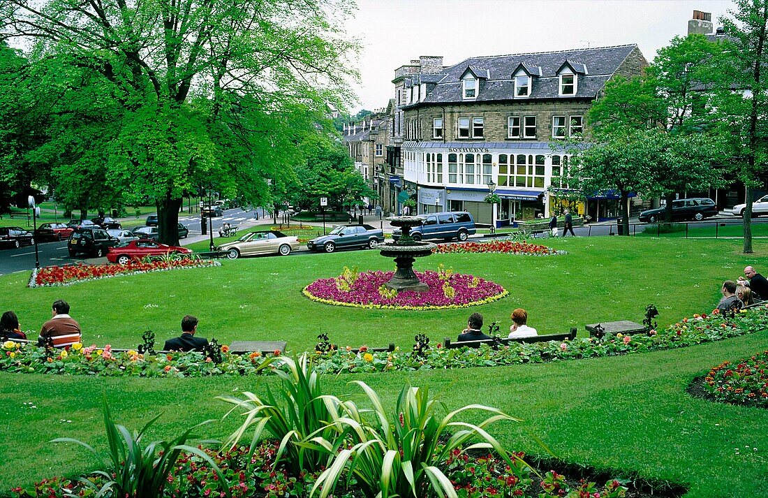 Harrogate, North Yorkshire, England Across floral garden park in the town centre to Sotheby's auction rooms