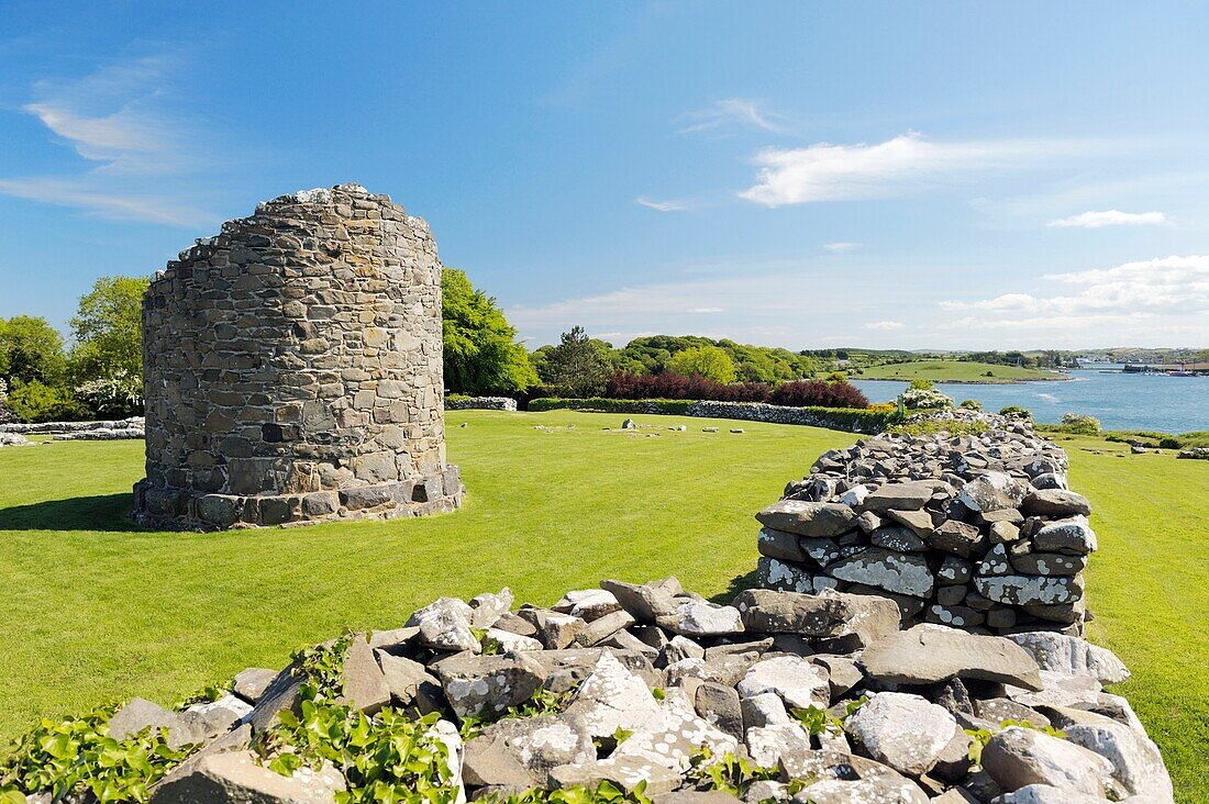 Stump of the Round Tower inside massive walls of Nendrum Monastery, Mahee Island, Strangford Lough, Co Down, Northern Ireland