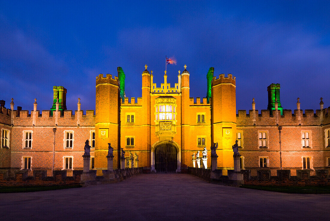 Hampton Court Palace illuminated at night, Hampton Court, Surrey, UK - England