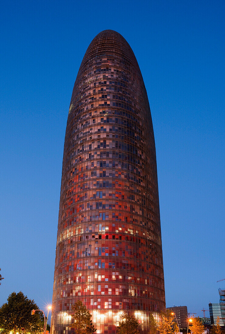 Torre Agbar at dusk - modern office building, Barcelona, Catalunya, Spain