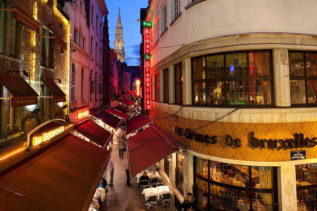 Rue des Bouchers - restaurants at night, Brussels, Flanders, Belgium