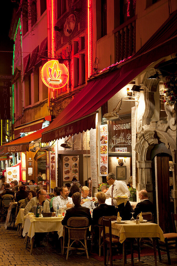 Rue Gretrey - restaurants at night, Brussels, Flanders, Belgium