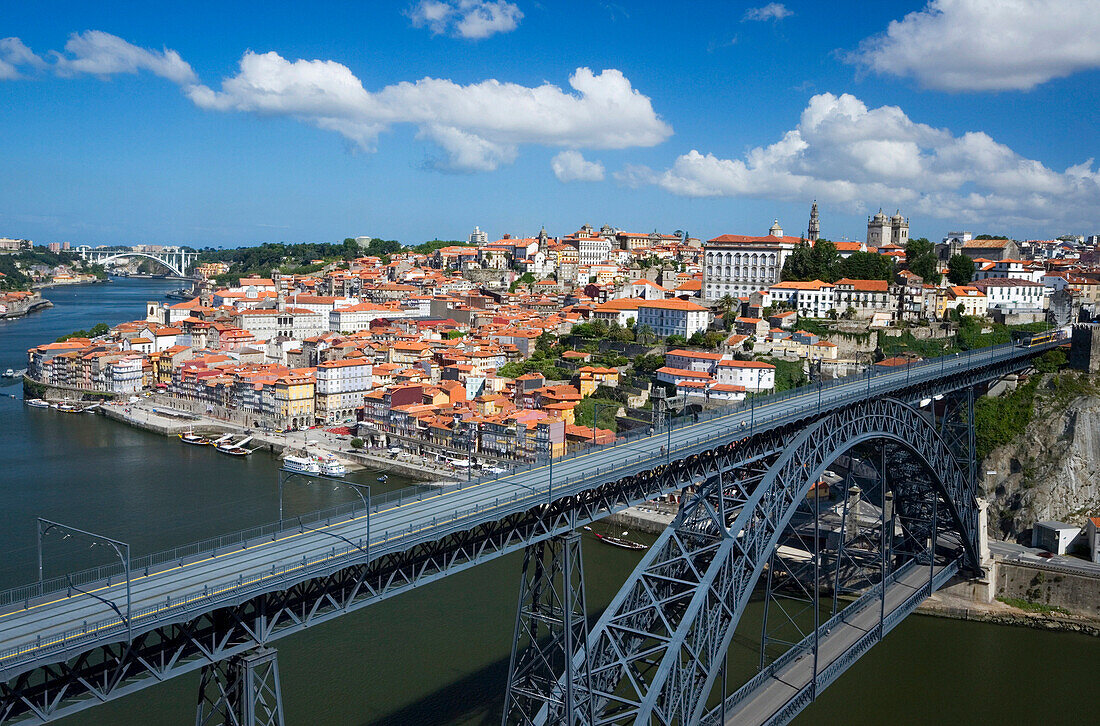 Dom Luis bridge over River Douro with view of Ribeira District, Oporto, Douro, Portugal