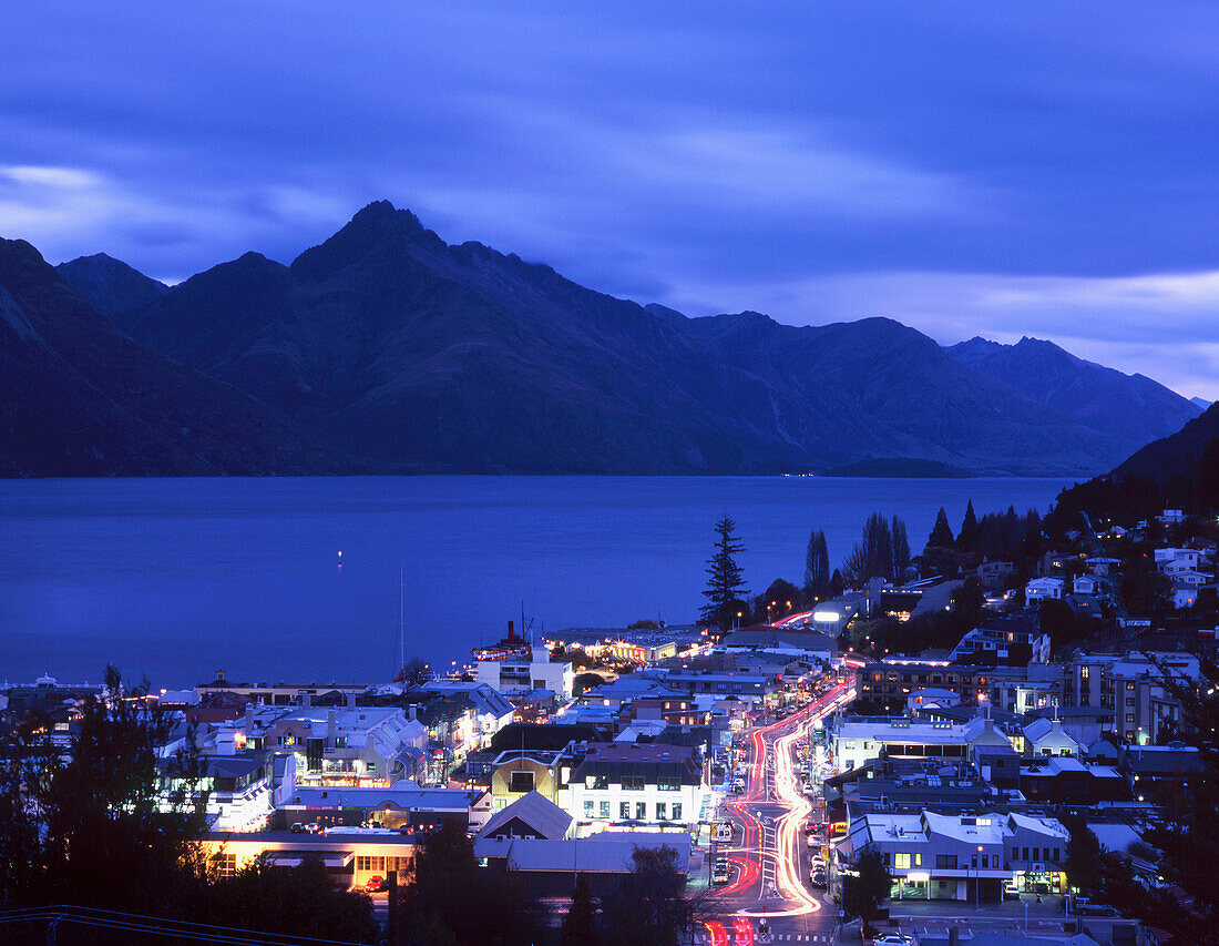 View over town and Lake Wakatipu at night, Queenstown, South Island, New Zealand
