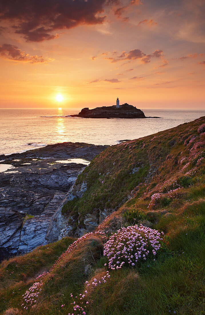 View to Godrevy Lighthouse at sunset, St Ives - near, Cornwall, UK - England
