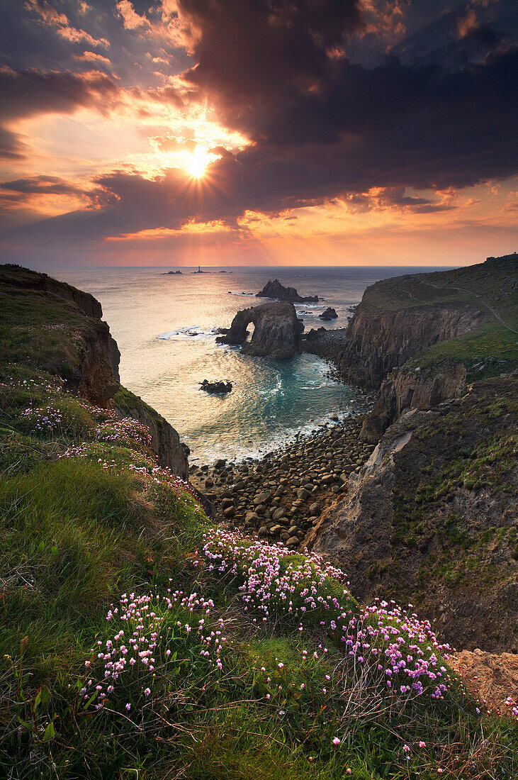 Coastal scenery at sunset, Lands End, Cornwall, UK - England