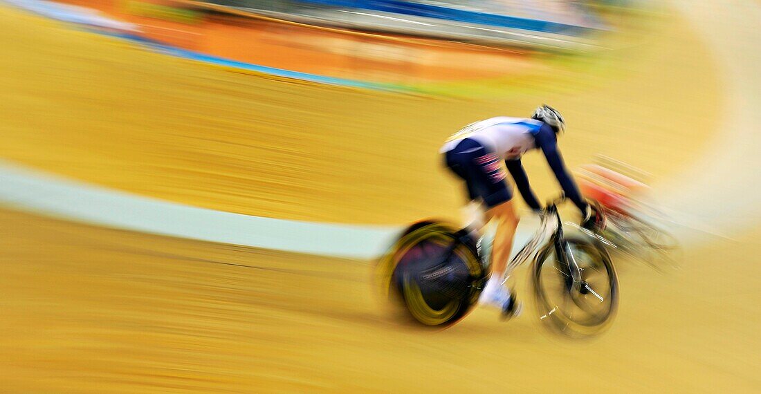 Riders compete in men's individual pursuit cycling track race event on day eight of the 2008 Beijing Olympics in China.