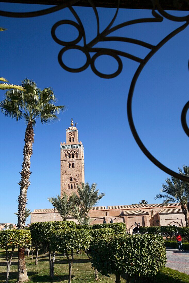 Minaret of Koutoubia Mosque seen from the gardens, Marrakech, Morocco