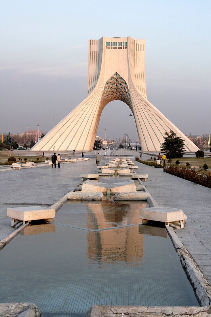 The Azadi Tower, or King Memorial Tower, is the symbol of Teheran, Iran, and marks the entrance to the metropolis, Iran