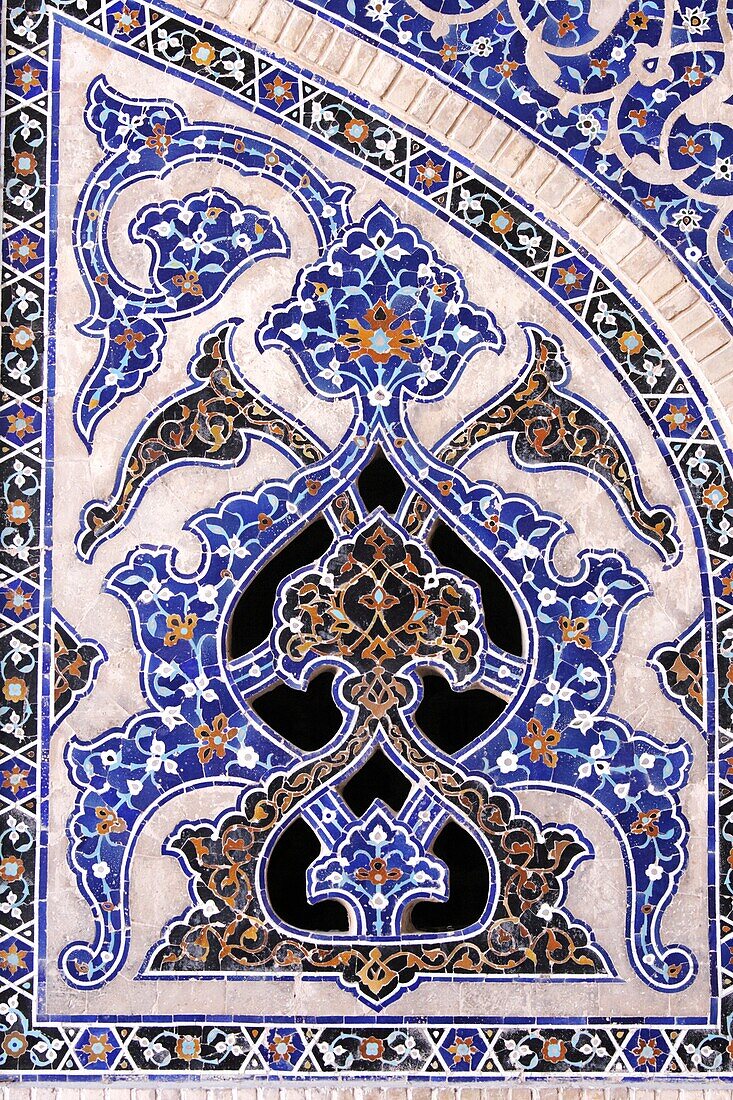 Decorations in the Imam mosque also called Shah mosque in Esfahan, Iran
