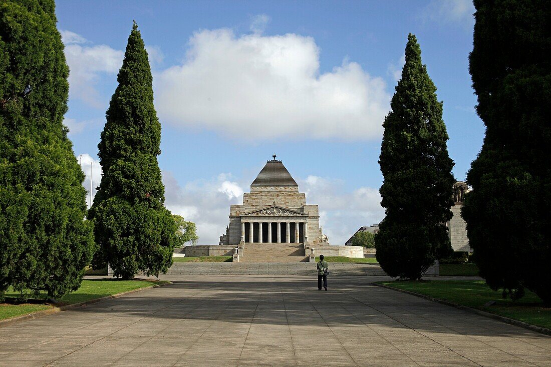 single visitor in front of the Shrine of Remembrance in Melbourne, Victoria, Australia