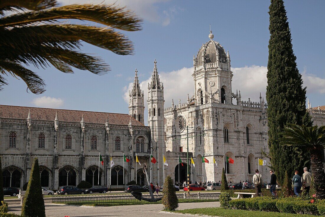 Garden in front of Jeronimos Monastery Mosteiro dos Jerominos in Belem, Lisbon, Portugal, Europe