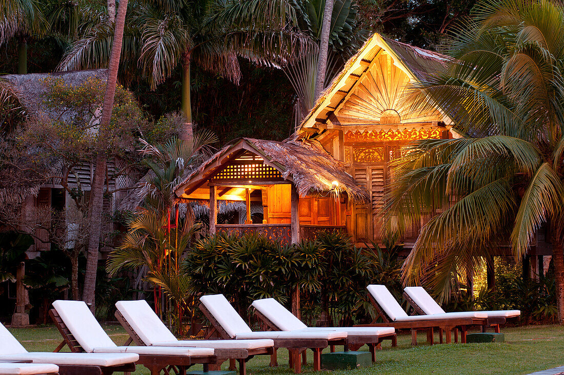 Traditional Malay house in the evening, Bon Ton Resort, Lankawi Island, Malaysia, Asia