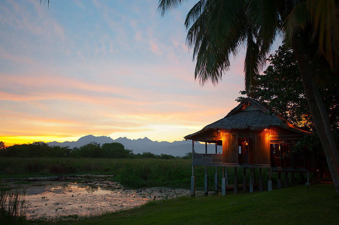 View over lagoon at sunset, Bon Ton Resort, Lankawi Island, Malysia, Asia