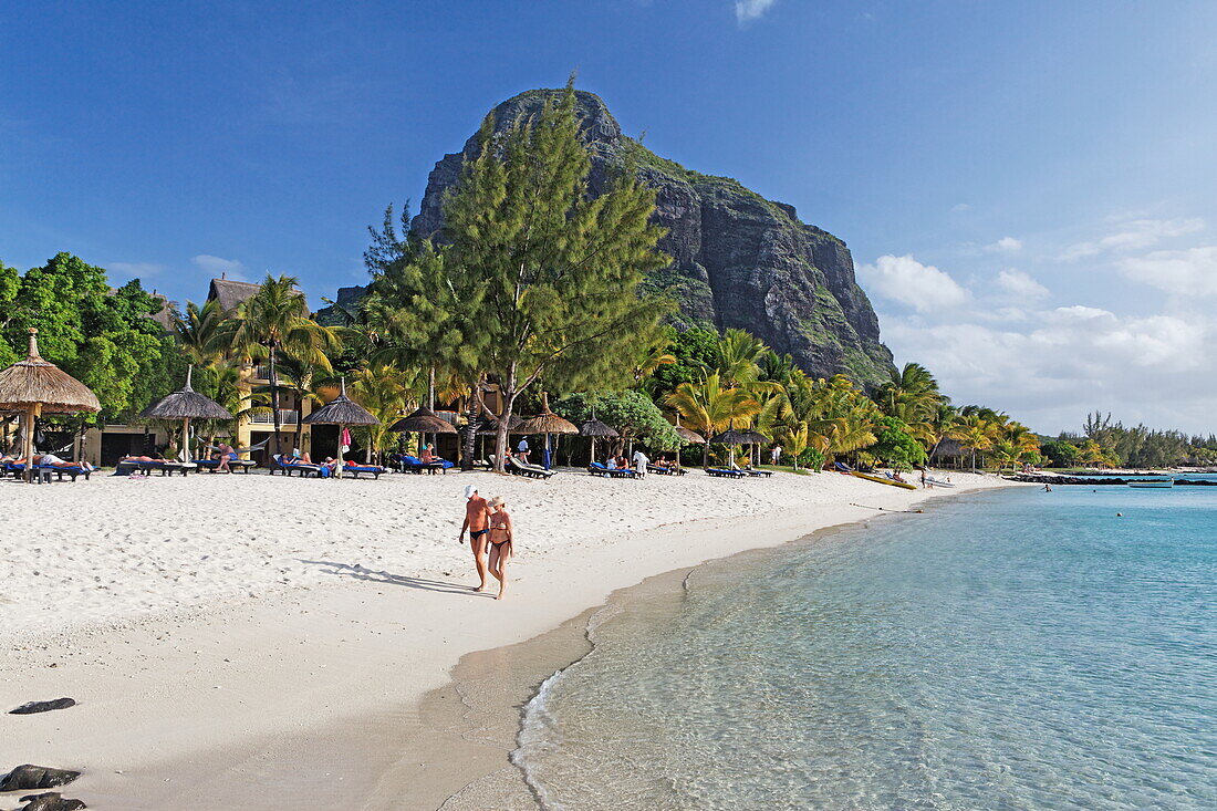 Beach and Le Morne Brabant mountain in the sunlight, Beachcomber Hotel Paradis &amp;amp; Golf Club, Mauritius, Africa