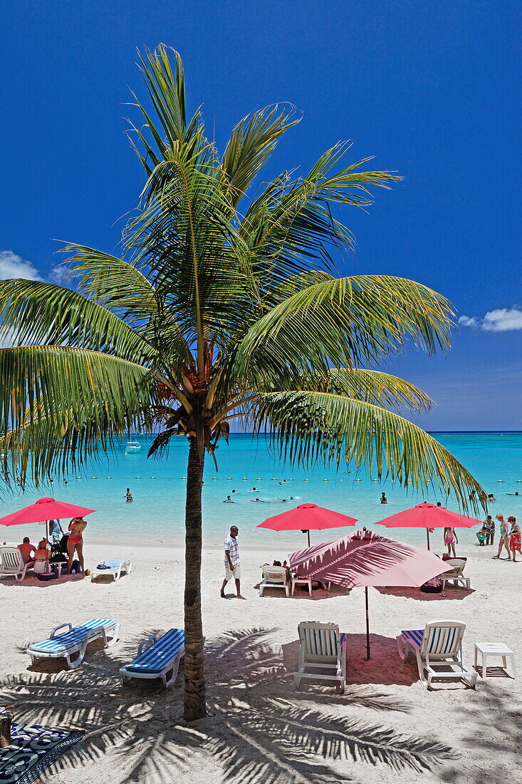 Palm trees and people on the beach in the sunlight, Pereybere, Mauritius, Africa