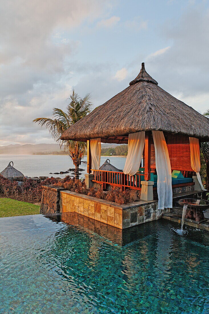 Master suite of the Shanti Maurice Resort in the light of the evening sun, Souillac, Mauritius, Africa